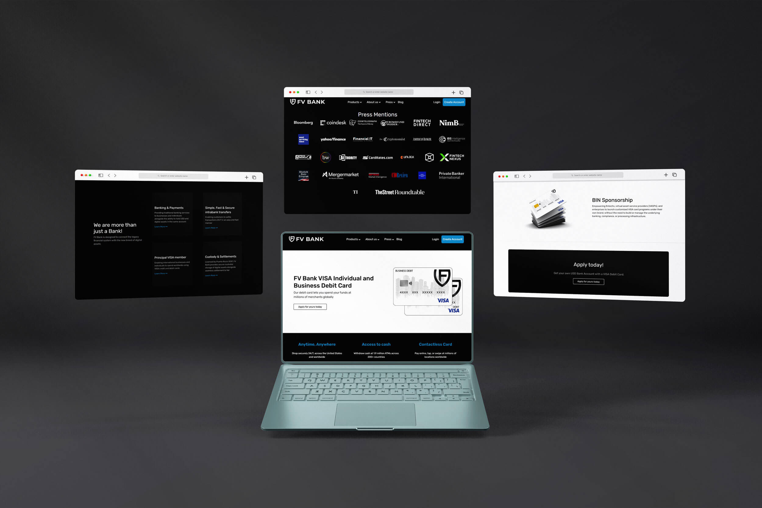 FV Bank website design — multiple browser screen mockups showing homepage and BIN sponsorship page